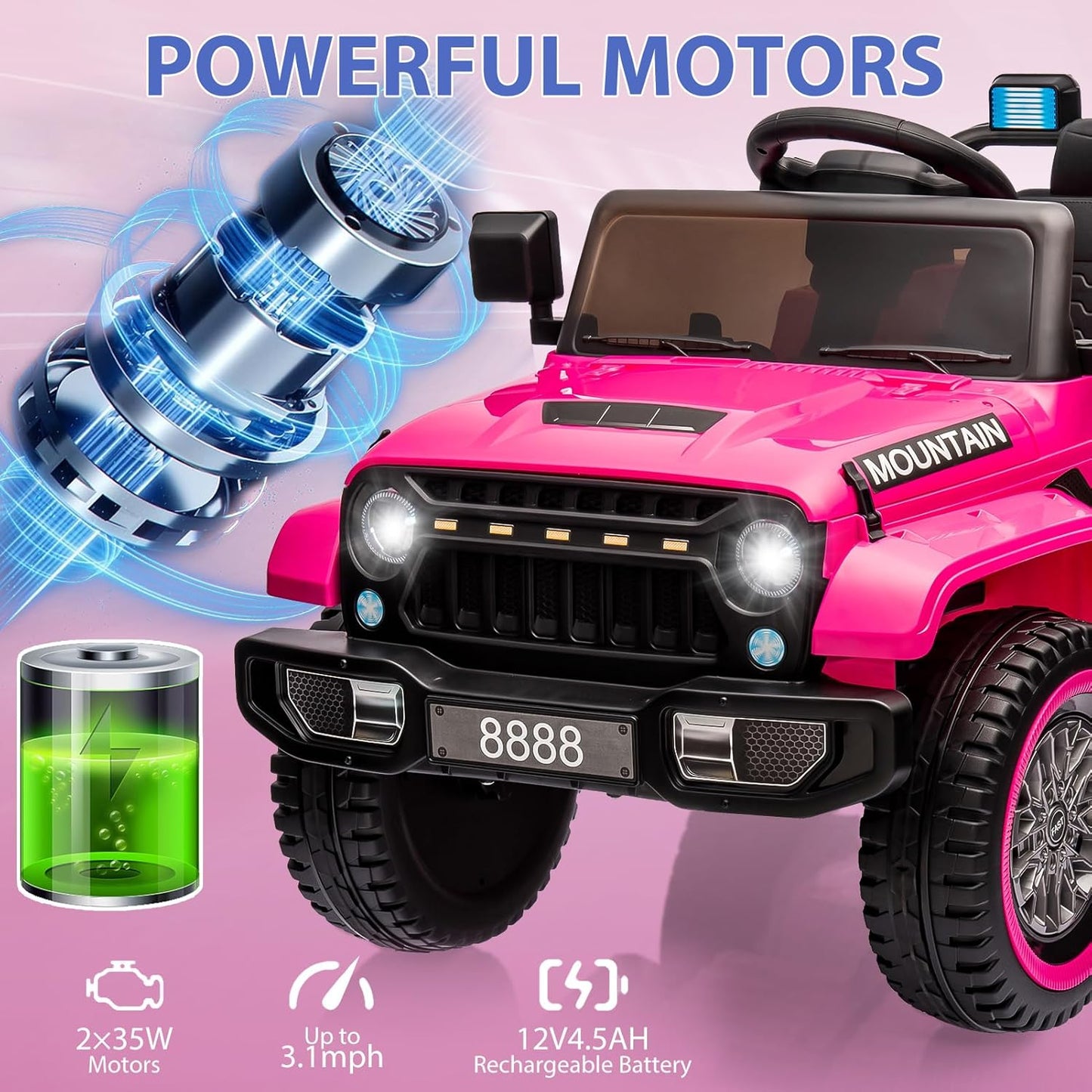 Hetoy Kids Ride On Truck Car, 12V Battery Powered Electric Car w/Parent Remote Control, Spring Suspension, 3 Speeds, LED Lights, Music & Horn, Kids Electric Vehicles Toy Gift for Boys Girls, Pink