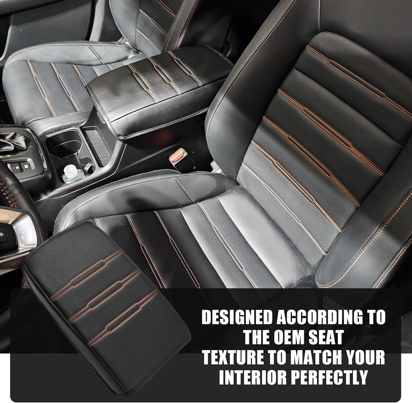 Muslogy Center Console Cover Compatible with 2023+ 2025 2026 Honda CR-V Accessories CRV Hybrid LX EX EX-L Sport Touring Armrest Cover Lid Cushion Protector Vegan Leather Extra Soft(Black/Orange Trim)