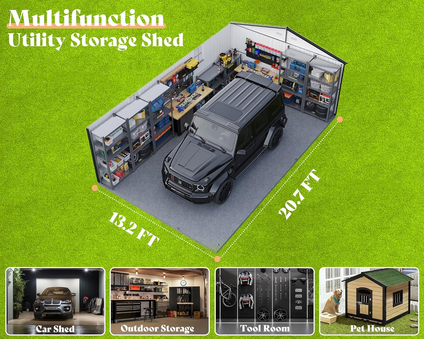 AMERLIFE 13.2x21x8.4 FT Outdoor Metal Garage Shed, Extra Large Storage Shed with Double Hinged Doors, 4 Windows, Carport for Car, Truck, Bicycle and Lawn Equipment, Dark Grey