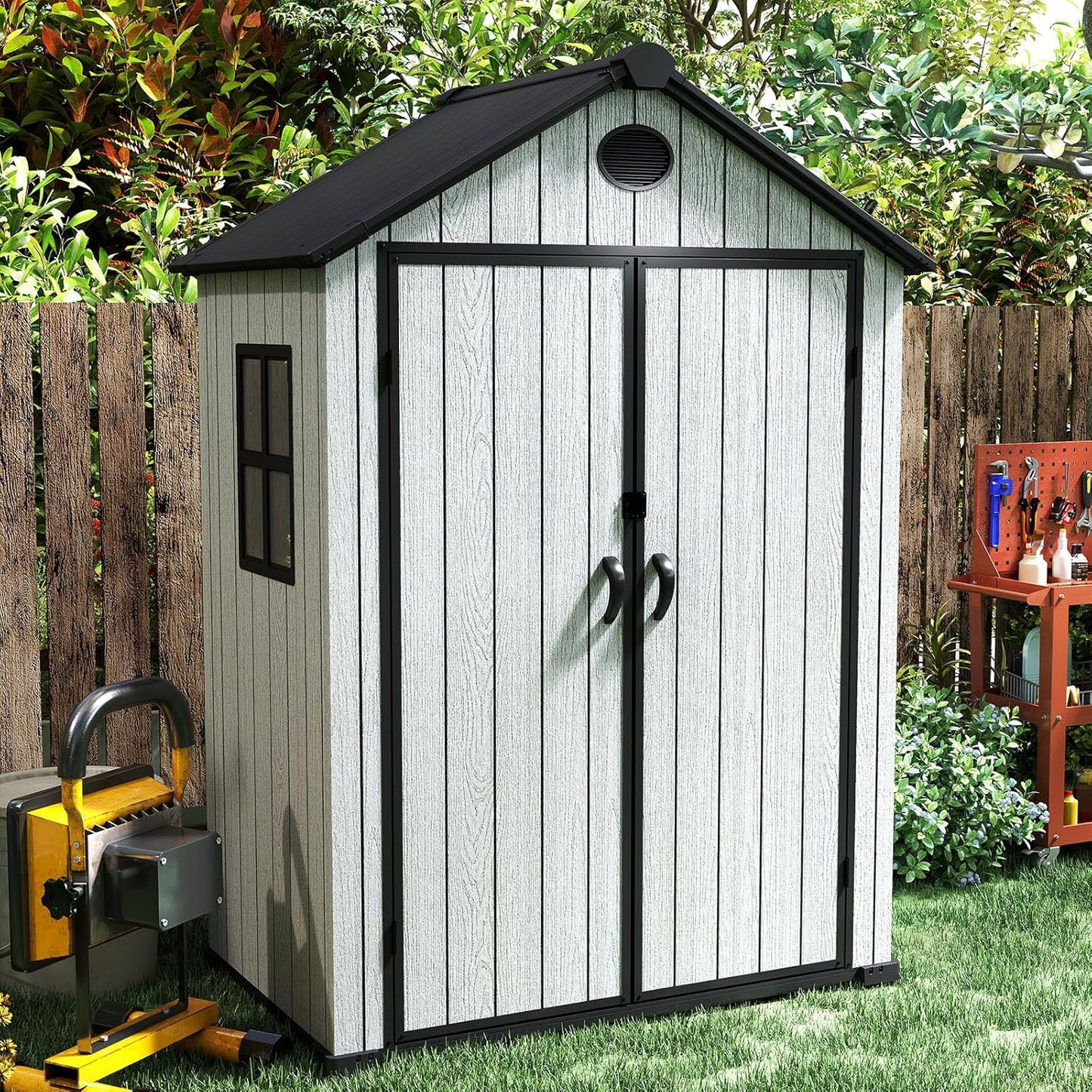 6 x 4 FT Shed Resin Outdoor Storage shed, 230 cuft Plastic Shed with Window and Lockable Door for Garden, Backyard, with Wood Texture, Grey