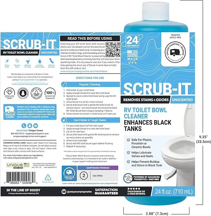 Unique Scrub-It RV Toilet Bowl Cleaner Liquid - Helps Remove Stink, Stains and Debris - Safe on All Toilet Types (24 oz)