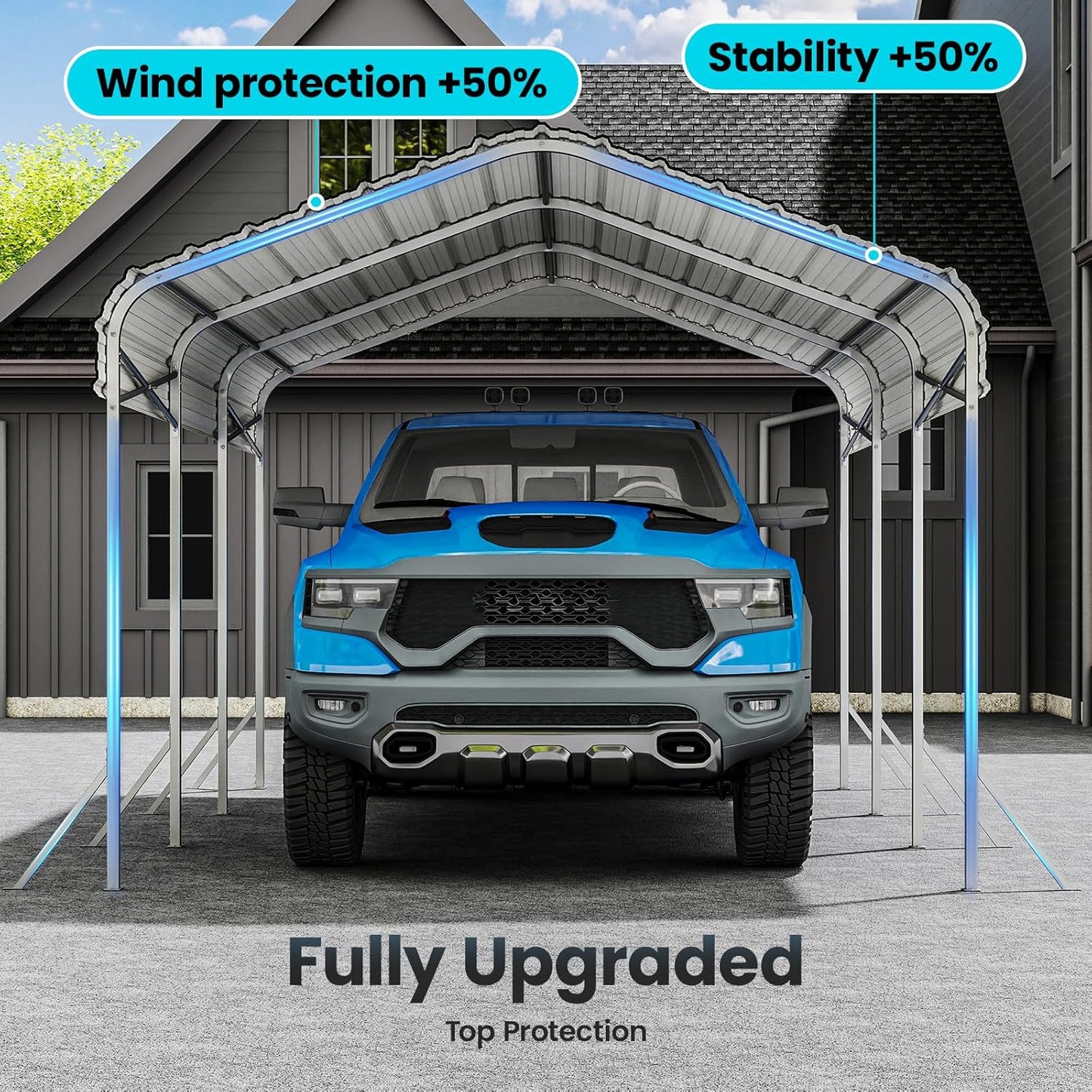 10X15ft Heavy Duty Metal Carport – Outdoor Galvanized Garage, Sturdy Structure, All-Weather Protection, Easy Assembly for Cars, Trucks, Boats, Tractors, and Outdoor Storage (White, 10x15FT)