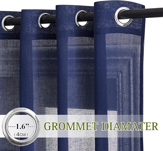 NICETOWN Dark Blue Flax Sheer Linen Curtains for Windows, Grommet Top 45" Length Natural Linen Blend Sheer Drapes Semitransparent Privacy Panels for Farmhouse/Bedroom, 52" Wide, Set of 2