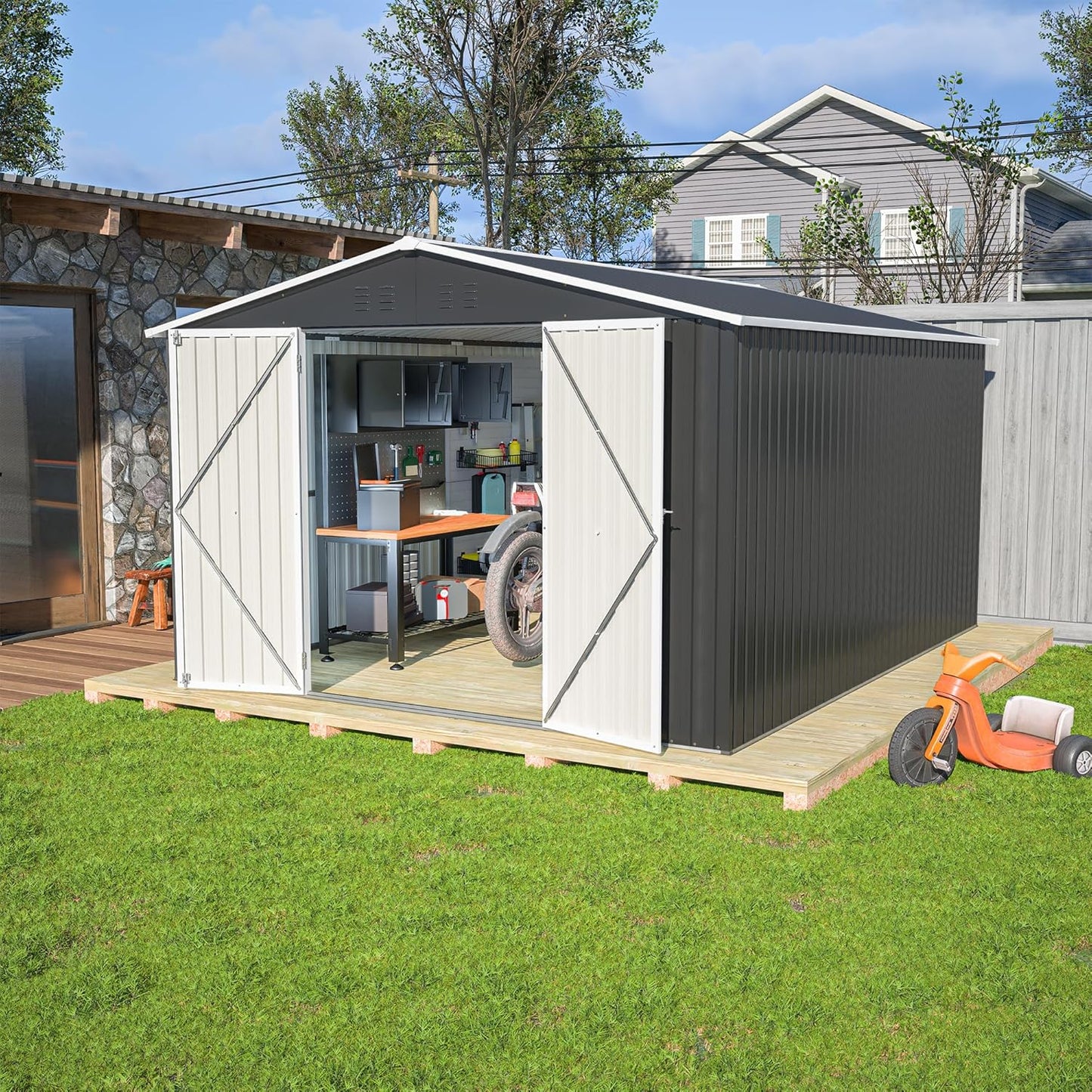 Outdoor Storage Shed 10x12 FT, Utility Metal Tool Storage with Lockable Doors and Updated Frame Structure, Large Metal Garden Shed for Backyard, Patio Lawn, Black