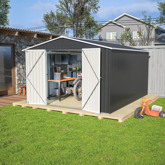 Outdoor Storage Shed 10x12 FT, Utility Metal Tool Storage with Lockable Doors and Updated Frame Structure, Large Metal Garden Shed for Backyard, Patio Lawn, Black