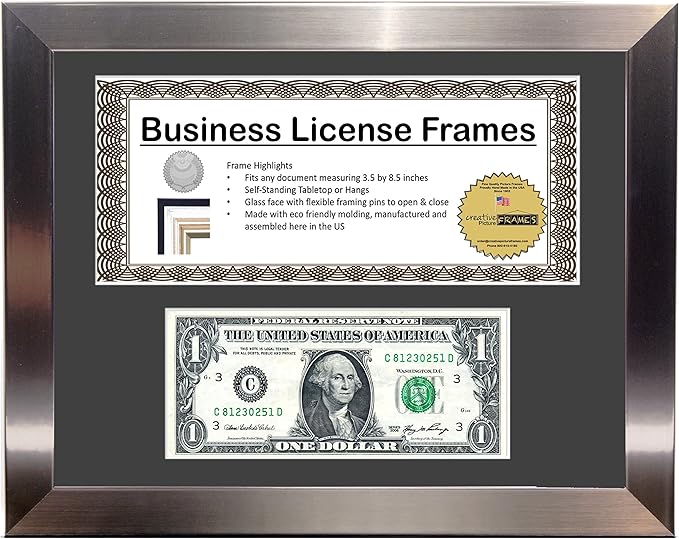 Creative Picture Frames 11Ss-B Stainless Steel First Dollar Frame With Business License, 3.5X8.75 License Including Self Standing Easel And Wall Hanger