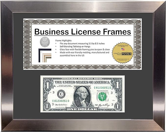 Creative Picture Frames 11Ss-B Stainless Steel First Dollar Frame With Business License, 3.5X8.75 License Including Self Standing Easel And Wall Hanger
