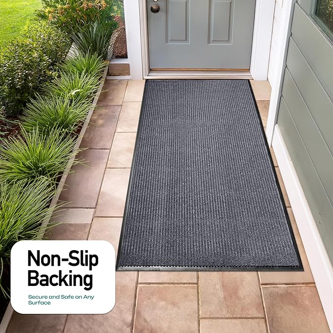 MaxMat® Heavy Duty Floor Mat - Large Commercial, Indoor/Outdoor, Waterproof, Low-Profile, Easy to Clean Doormat (2 x 6 Feet, Grey, MXM-RIB0026GY)