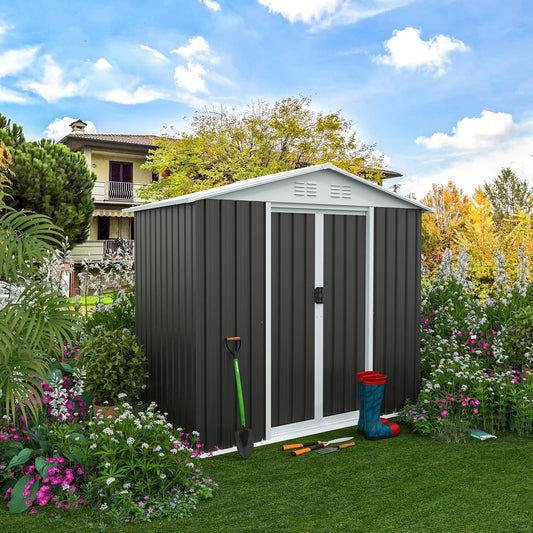 6x4 FT Outdoor Storage Shed, Metal Garden Shed with Lockable Sliding Doors, Outside Tool Shed with Sloped Roof & 4 Air Vents, Waterproof Storage Building for Backyard, Patio, Lawn, Gray