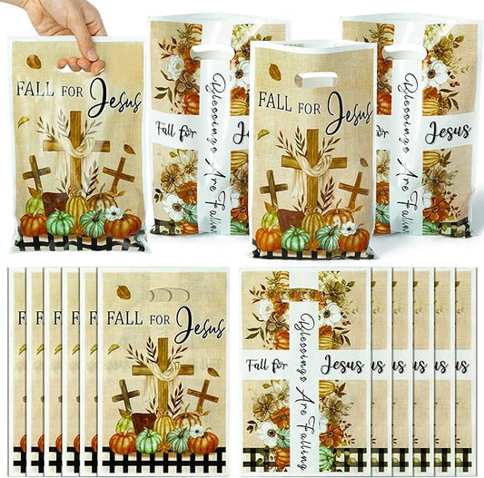 50Pcs Fall for Jesus Christian Religion Party Favor Bags, Fall Thanksgiving Party Gift Bags, Autumn Cross Pumpkin Goody Treat Bags, Fall Themed Party Decoration for Thanksgiving Harvest Party Supplies