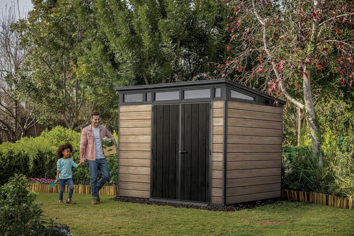 Keter Signature Collection 9x7 Ft All-Weather Storage Shed with Skylight, Window, Built-in Ventilation, Customizable Walls, & Lockable Double Doors, Ashwood