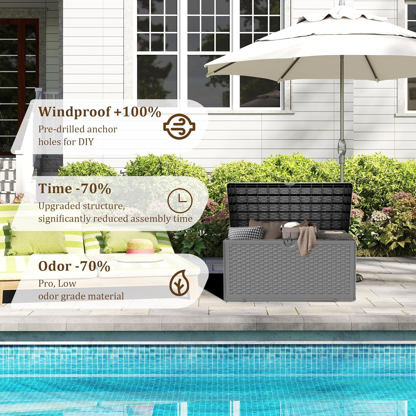 80 Plus Gallon Resin Deck Box, Waterproof Outdoor Storage Bin for Patio, Poolside, and Garden, Lockable & UV-Resistant, Ideal for Small Spaces, Black
