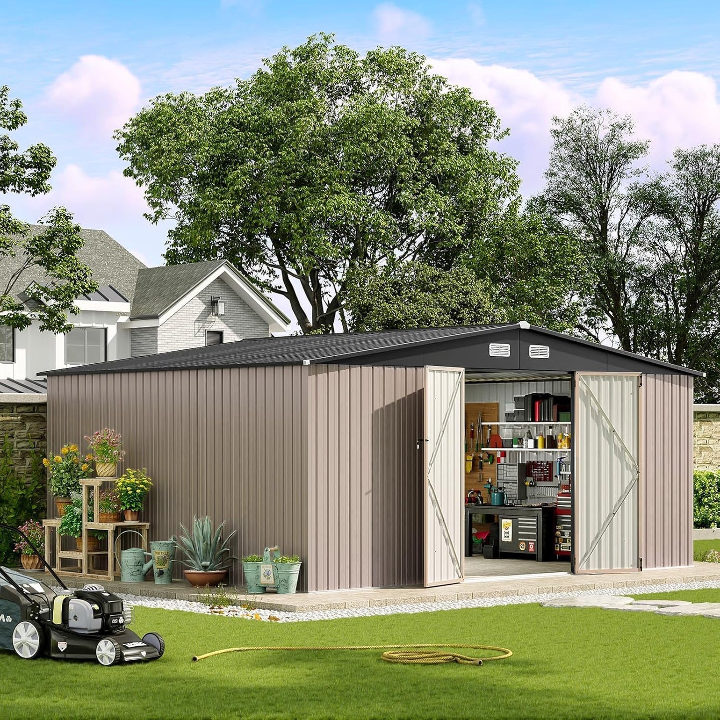 Aoxun 14x12 FT Shed Outdoor Storage Shed with Spacious and Tall Doors, Large Shed Steel Utility Tool Shed Storage House with Door & Lock, Metal Sheds with Sloped Roof for Garden Patio Poolside, Brown