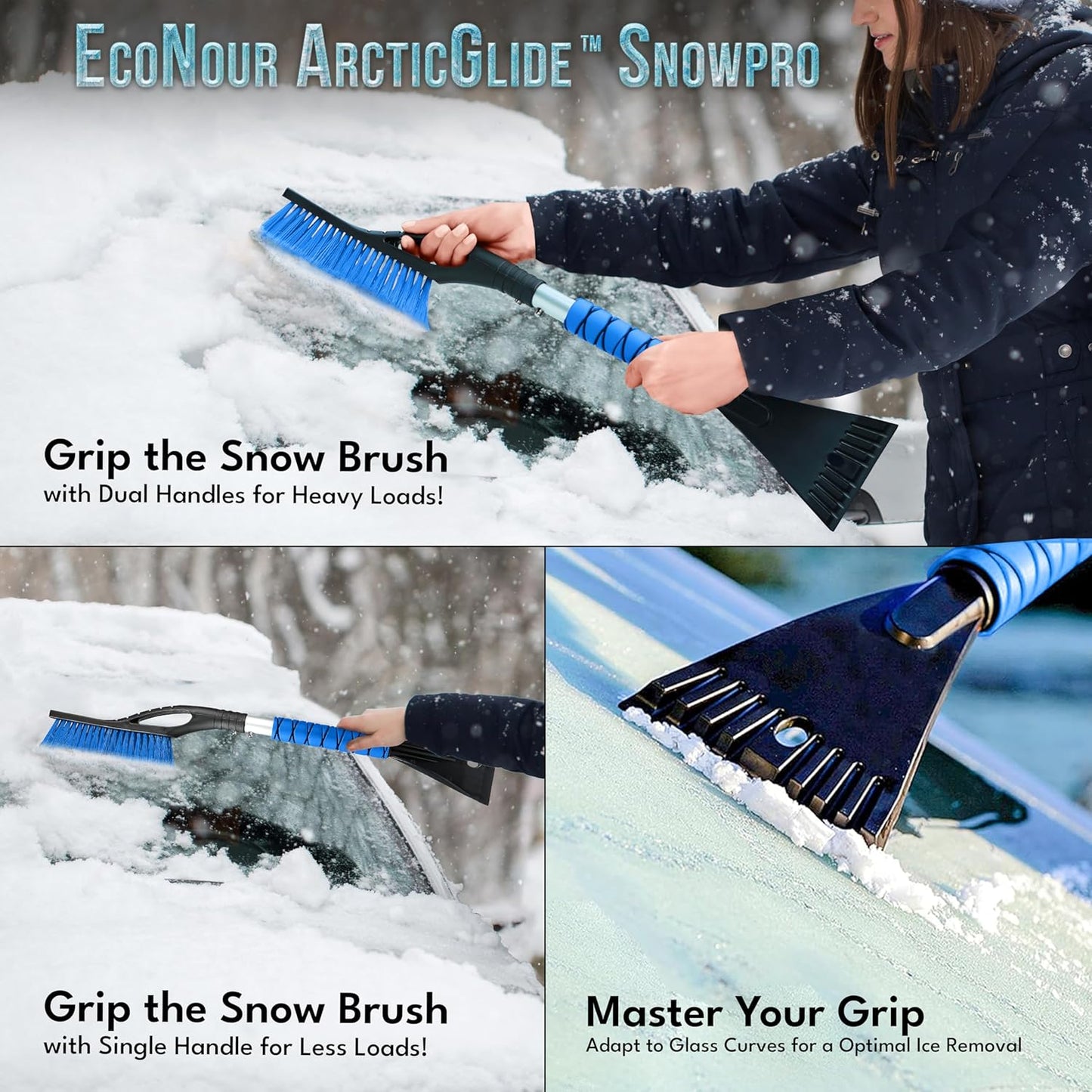 EcoNour 27" Car Snow Brush and Ice Scrapers for Car Windshield (2 Pack) | Scratch Free Bristle Head Snow Brush & Tough Window Snow Scraper with Aluminium Body | Snow Removal Winter Car Accessories