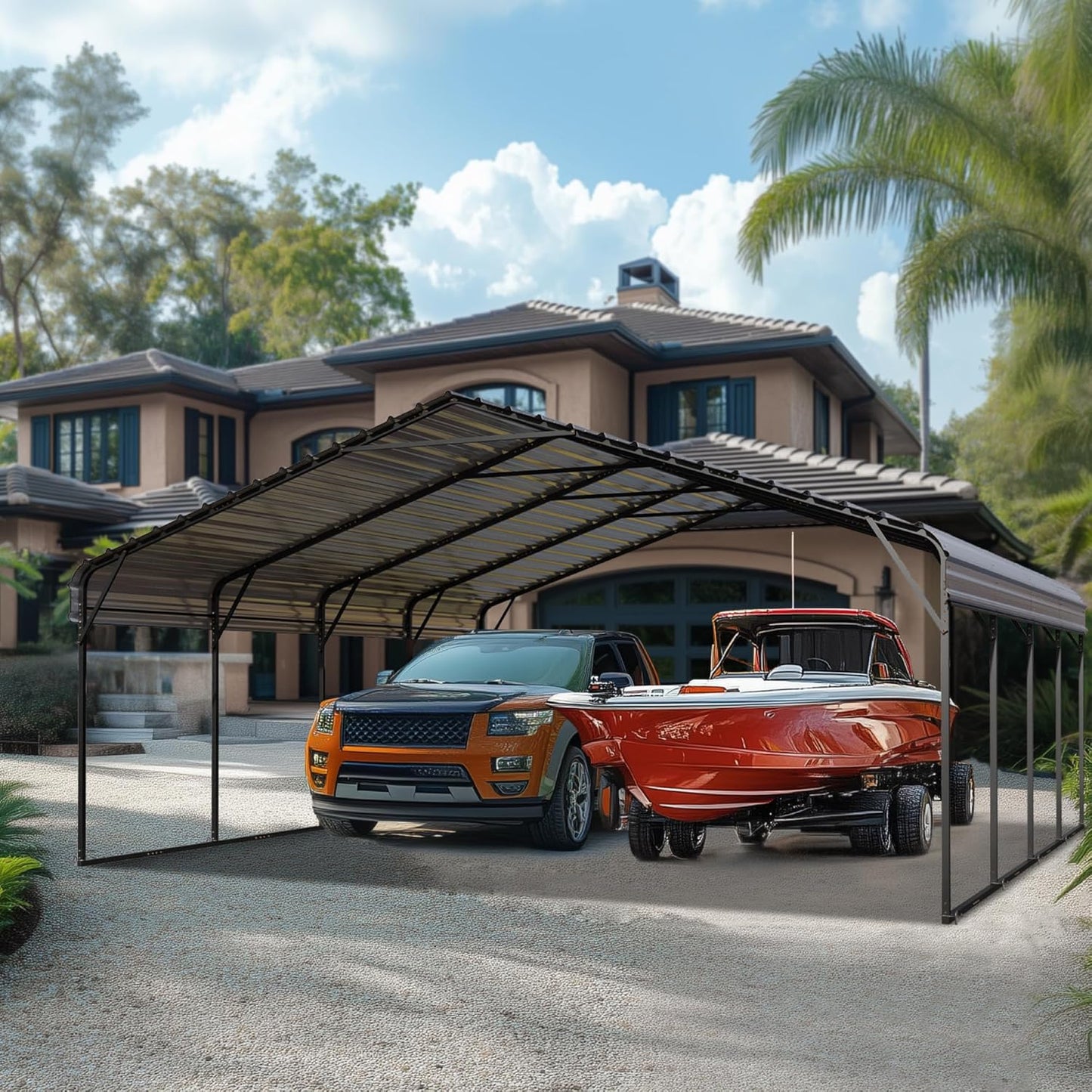 PHI VILLA 2 car Metal Carports 20 x 20 ft Carport with Galvanized Steel Roof, Sturdy Heavy Duty Metal Carport for Cars, Boats, and Tractors