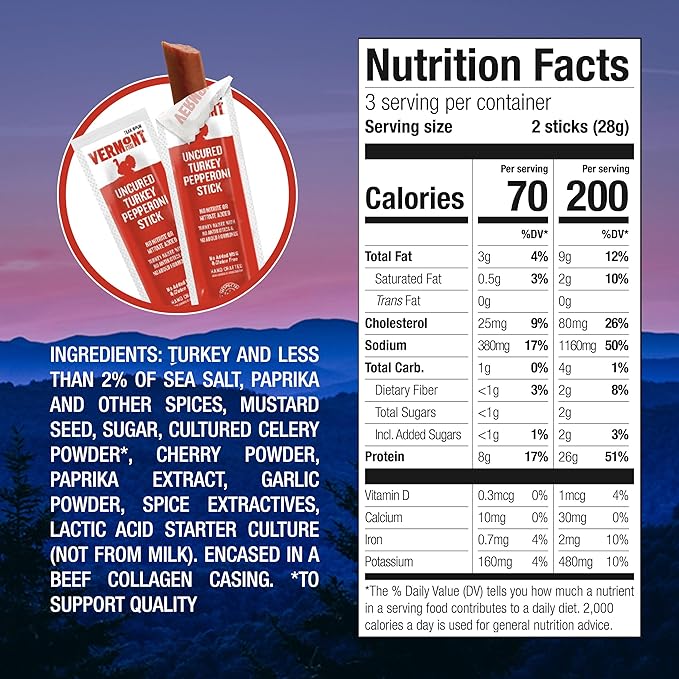 Vermont Smoke & Cure Meat Sticks - Uncured Turkey Pepperoni - Protein Snacks, No Antibiotics or Added Hormones, Hiking Snacks - 8-Count Pouch, Pack of 48
