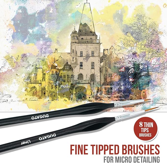 DUGATO Fine Detail Paint Brush Set - Miniature Brushes with Ergonomic Triangular Handles & Travel Case for Acrylic, Watercolor, Oil, Models & Warhammer (8pcs Detailing Paint Brush - Black)