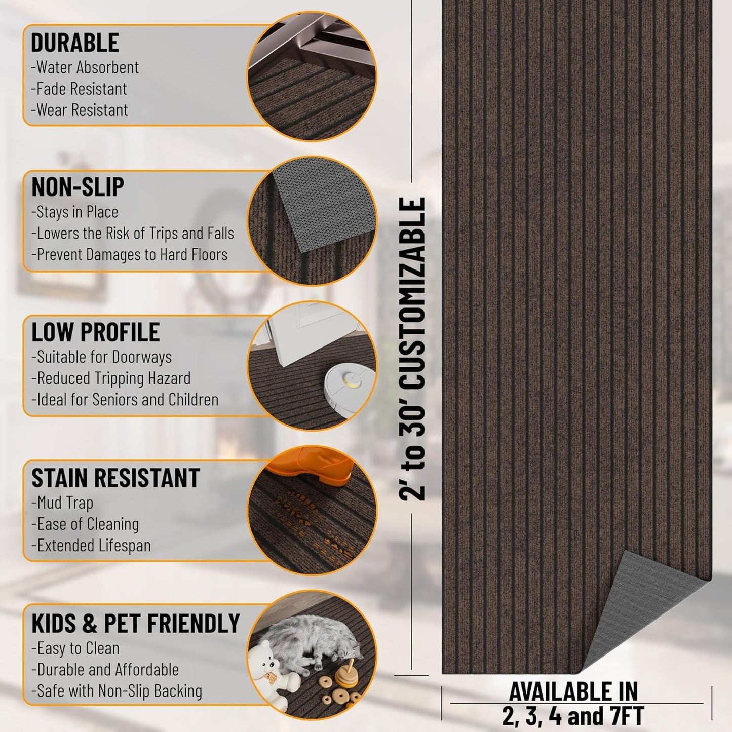 Ottomanson 2'7" x 53' Hallway Runner with Scraper Pile - Extra Durable Non-Slip Rug Mat for Indoor & Outdoor Use - Ideal for Kitchen, Entryway & Garage - High-Traffic Carpet, Brown