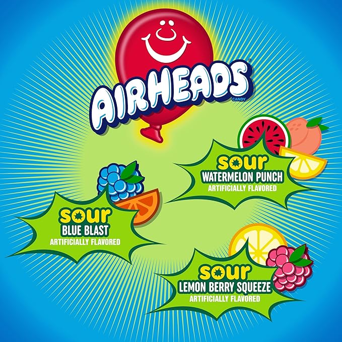 Airheads Sour Full-Sized Halloween Trick or Treat Taffy Candy Bars, Watermelon Punch, Blue Blast & Lemon Berry Squeeze, Individually Wrapped Candy for Adults & Kids, Party Favors, 60 Count