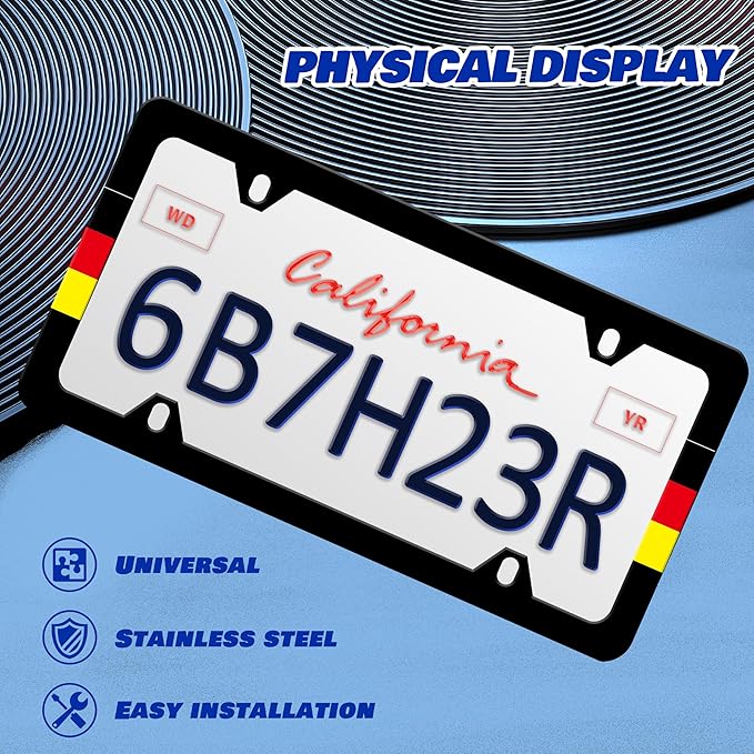 2 Pcs German Flag License Plate Frame Germany License Plate Frames Personalise Stainless Steel Funny Design Compatible with Standard License Plate Holder for USA and Canada 6 X 12 with Screws