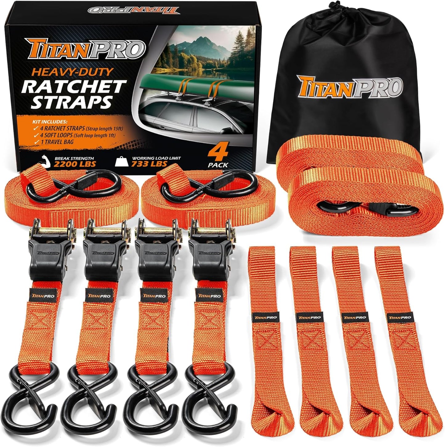 TitanPro Heavy Duty Ratchet Straps 4-Pack - 2,200lb Break Strength, 1" x 15' Rachet Tie Downs with Padded Handles - Heavy Duty, Truck, Motorcycle, Moving Straps (Orange)