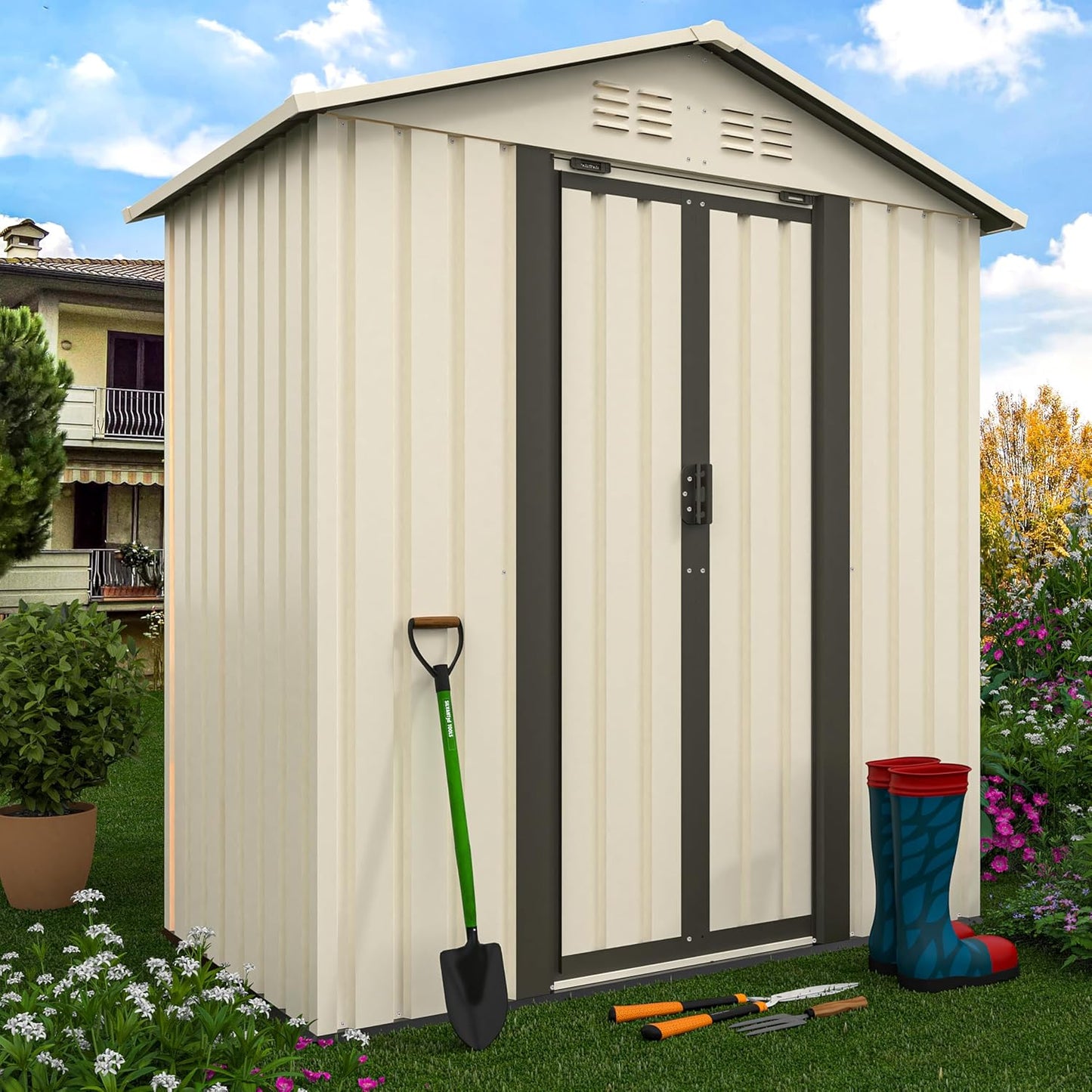 5x3 FT Outdoor Storage Shed, Metal Garden Shed with Lockable Sliding Doors, Small Outside Tool Shed with Sloped Roof & 4 Air Vents, Waterproof Storage Building for Backyard, Patio, Lawn, Cream White