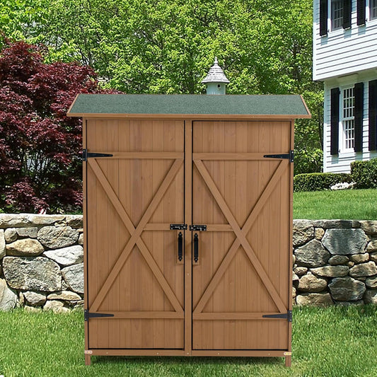 56" L x 19.5" W x 64" H Tall Outdoor Wooden Storage Shed with Lockable Doors, Waterproof Asphalt Roof, Removable Shelves for Garden Tools,Yellow Brown