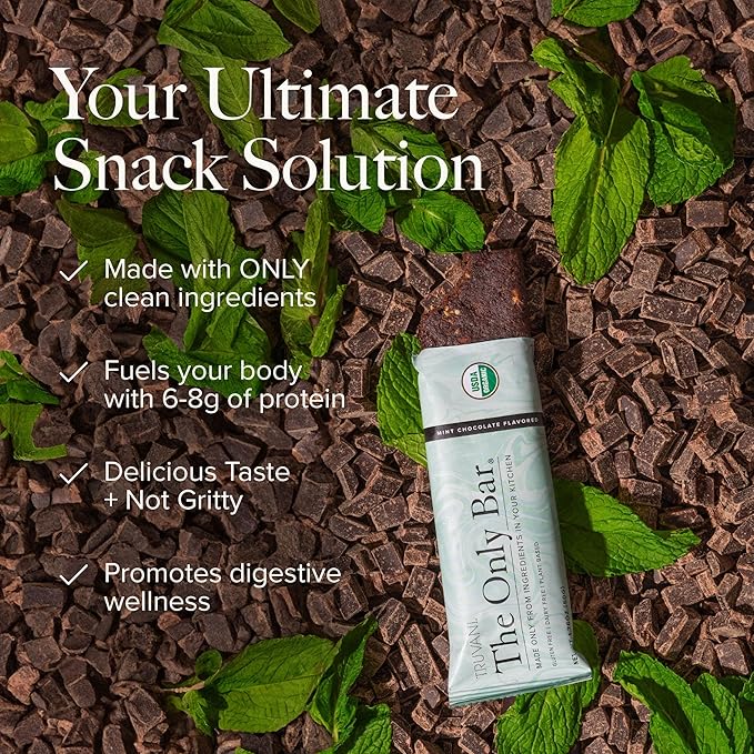 Truvani Plant Based Snack Bars | Chocolate Mint 1 Pack | 7g Protein | USDA Organic and Vegan | The Only Bar | Dairy, Soy, and Gluten Free | Individually Wrapped