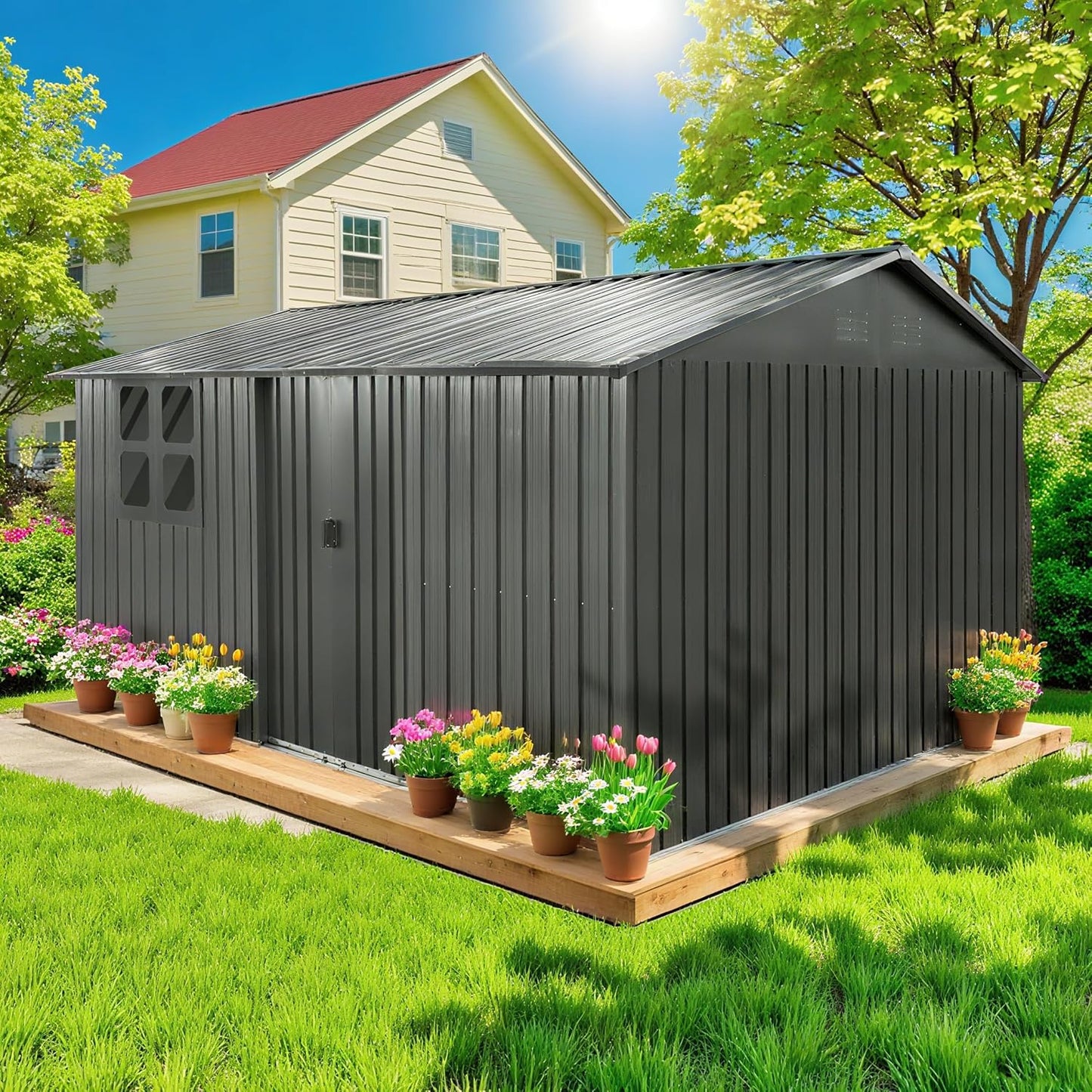 12 x 10 FT Outdoor Storage Shed, Metal Garden Tool Shed with Slooping Roof, Lockable Doors, All-Weather Bike Shed Easy to Assemble for Backyard, Patio, Lawn, Black