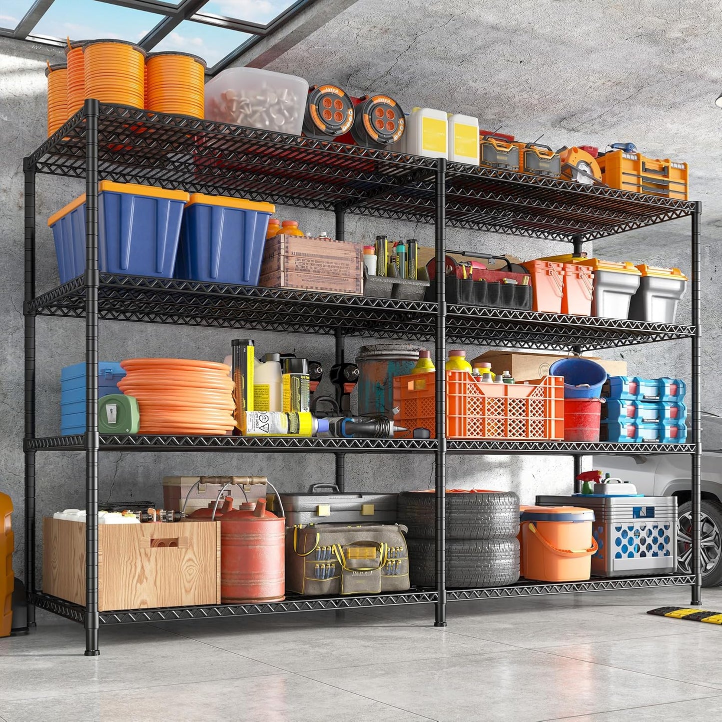 REIBII 81.5''W Storage Shelves 3680LBS Garage Shelving Heavy Duty 4 Tier Metal Shelving Unit Adjustable Wire Shelf and Storage Pantry Shelves for Kitchen Garage，81.5Wx23.62Dx70.86H，Black