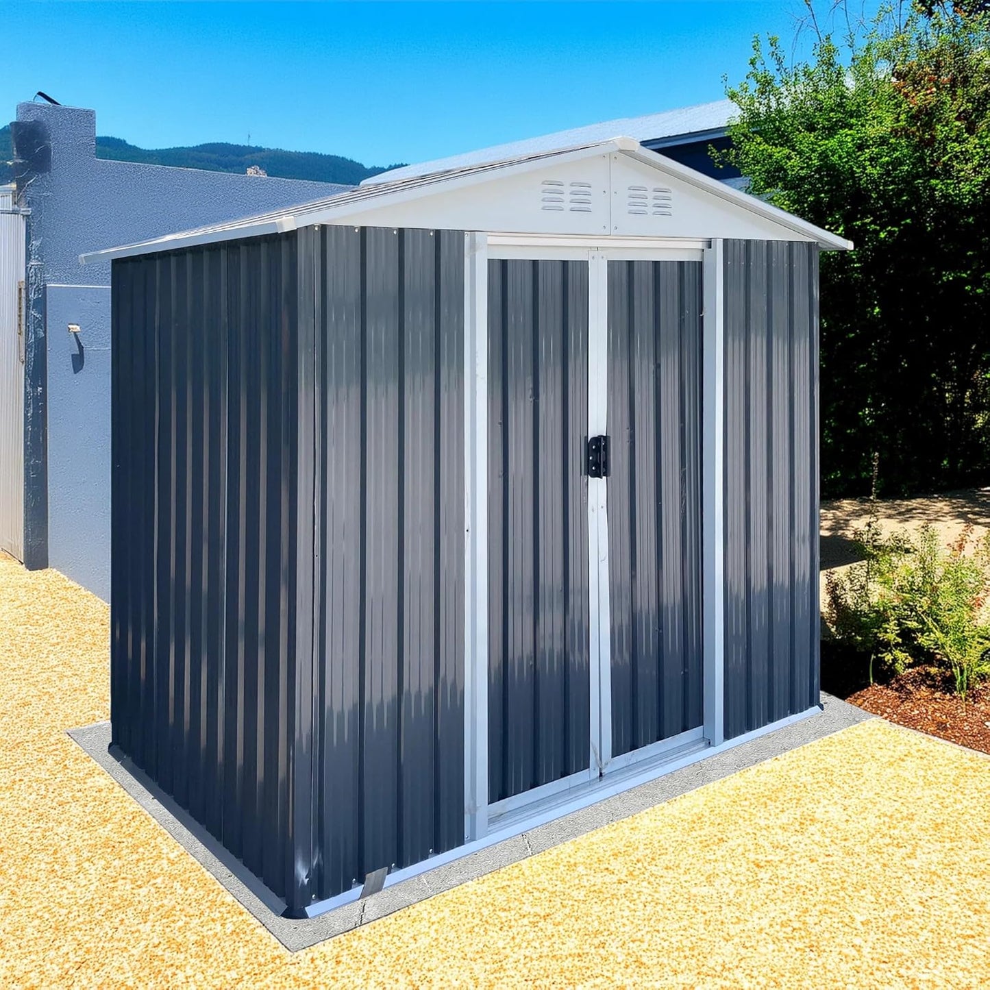 6x4 FT Outdoor Metal Storage Shed with Floor Base Frame, Waterproof Garden Sheds w/Lockable Sliding Doors and Vents, Outside Steel Tool Storage House for Backyard, Patio, Lawn, Grey