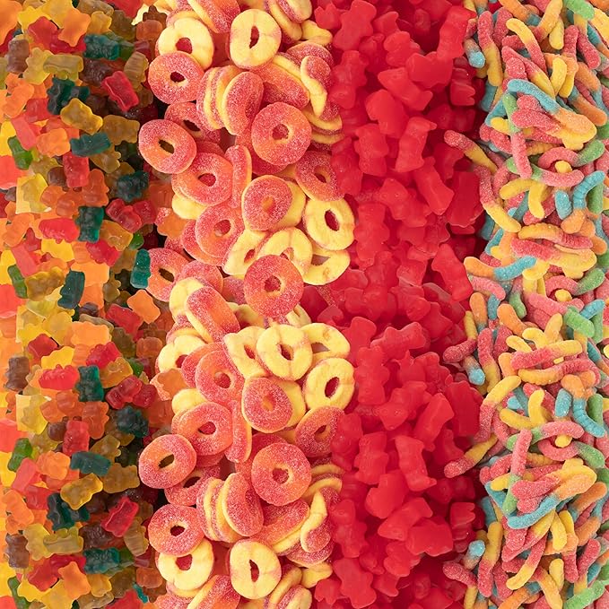 5 lb Bulk Gummy Candy Box – Includes Gummi Bears, Cinnamon Bears, Sour Gummy Worms, and Gummi Peach Rings – Fun Variety Mix for Candy Buffets, Parties, Snacking & Gifting