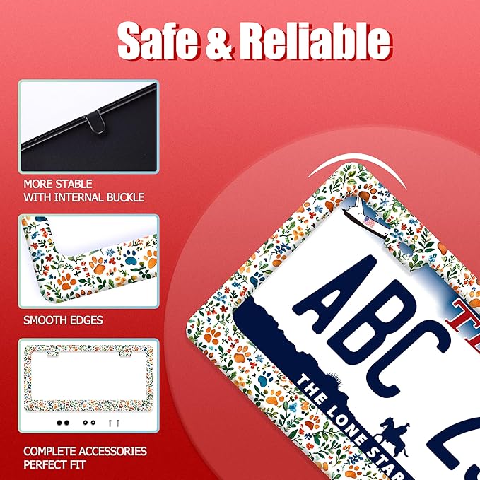 Watercolor Dog Paw License Plate Frame Floral Leaves License Plate Frames Funny Auto Accessory Bracket Stainless Steel Cute Animal License Plate for Men Women 6.3 x 12.3 Inch