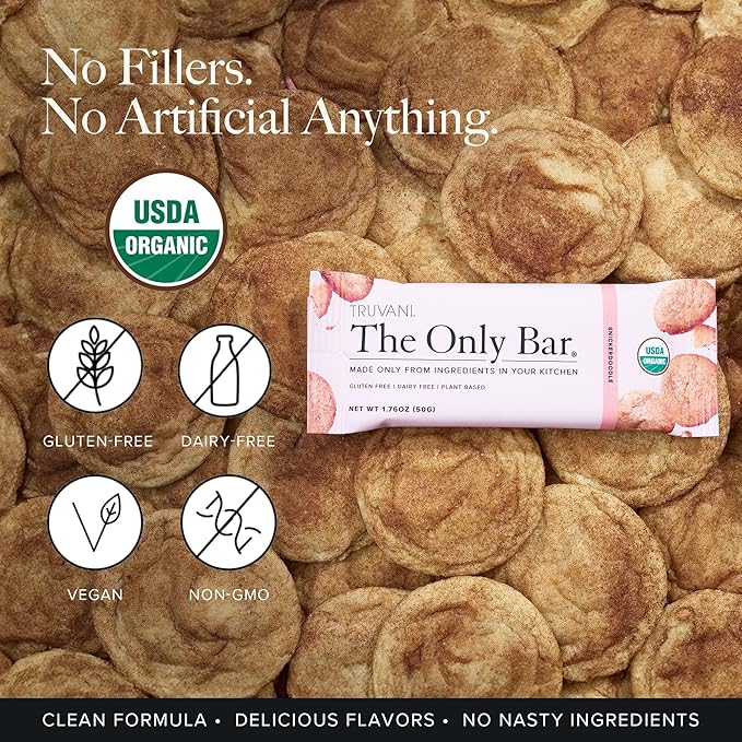 Truvani Plant Based Snack Bars | Snickerdoodle 12 Pack | 5g Protein | USDA Organic and Vegan | The Only Bar | Dairy, Soy, and Gluten Free | Individually Wrapped