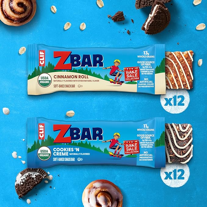 Zbar - Bake Sale Collection - Cookies 'N Creme and Cinnamon Roll Flavor - Soft Baked Snack Bars Variety Pack - Non-GMO - Whole Grains - USDA Organic Granola Bars, School Snacks (24 Pack)