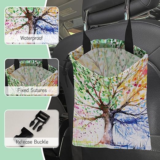 Watercolors Tree Car Garbage Bag,Colorful Tree Waterproof Small Car Trash Bag Hanging Back of Seat,Drawstring Hanging Car Trash Bag with Adjustable Buckle for Car Accessories