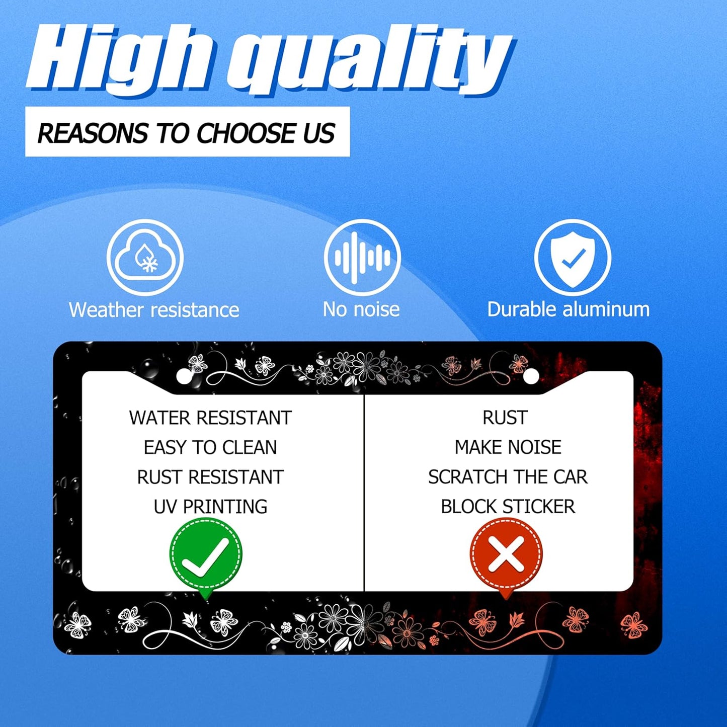 Black White Daisy Butterfly License Plate Frame Flowers License Plate Stainless Steel Funny License Plate Holder Floral Car Accessories With Screws Car Decoration 12.3"x6.3"Fits Standard Vehicles Size