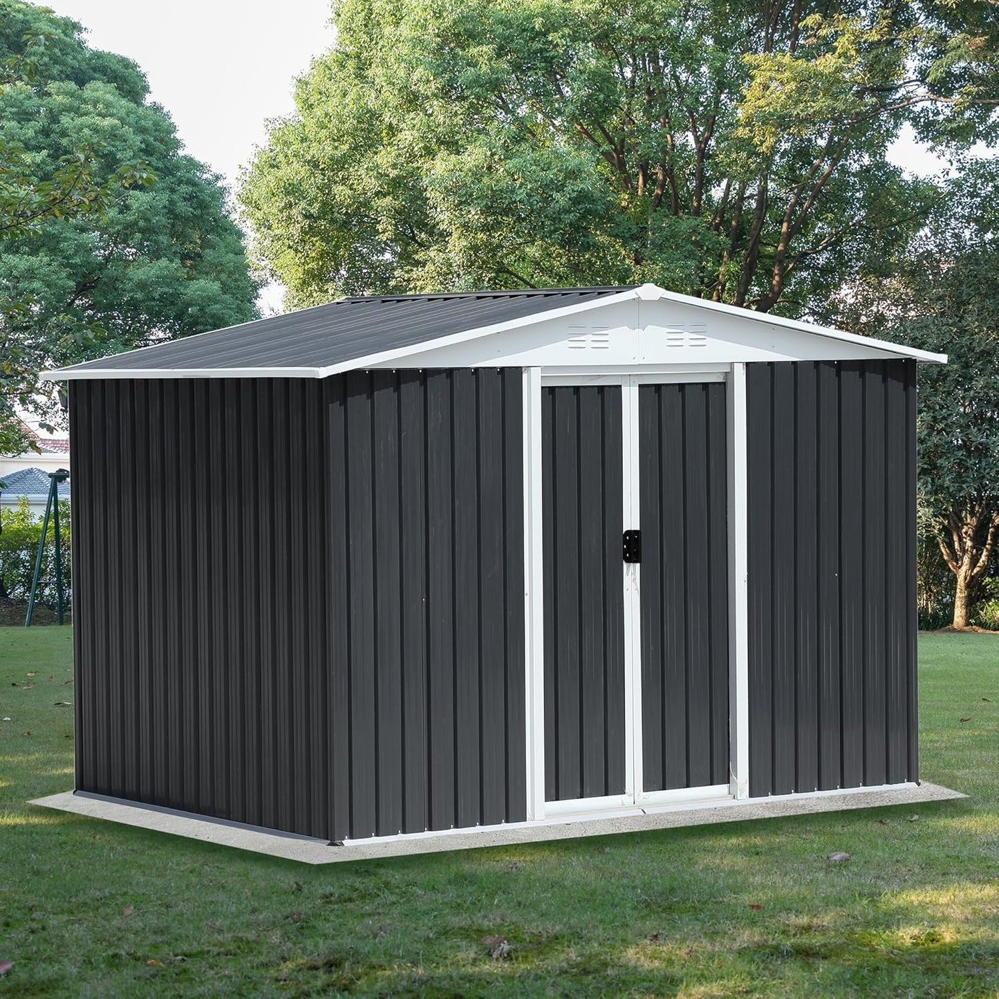 8x6 FT Outdoor Storage Shed,Metal Shed with Sliding Door & Air Vent,Garden Shed W/Sloped Roof,All Weather Waterproof Tool House for Backyard,Patio,Garage,Lawn,Grey