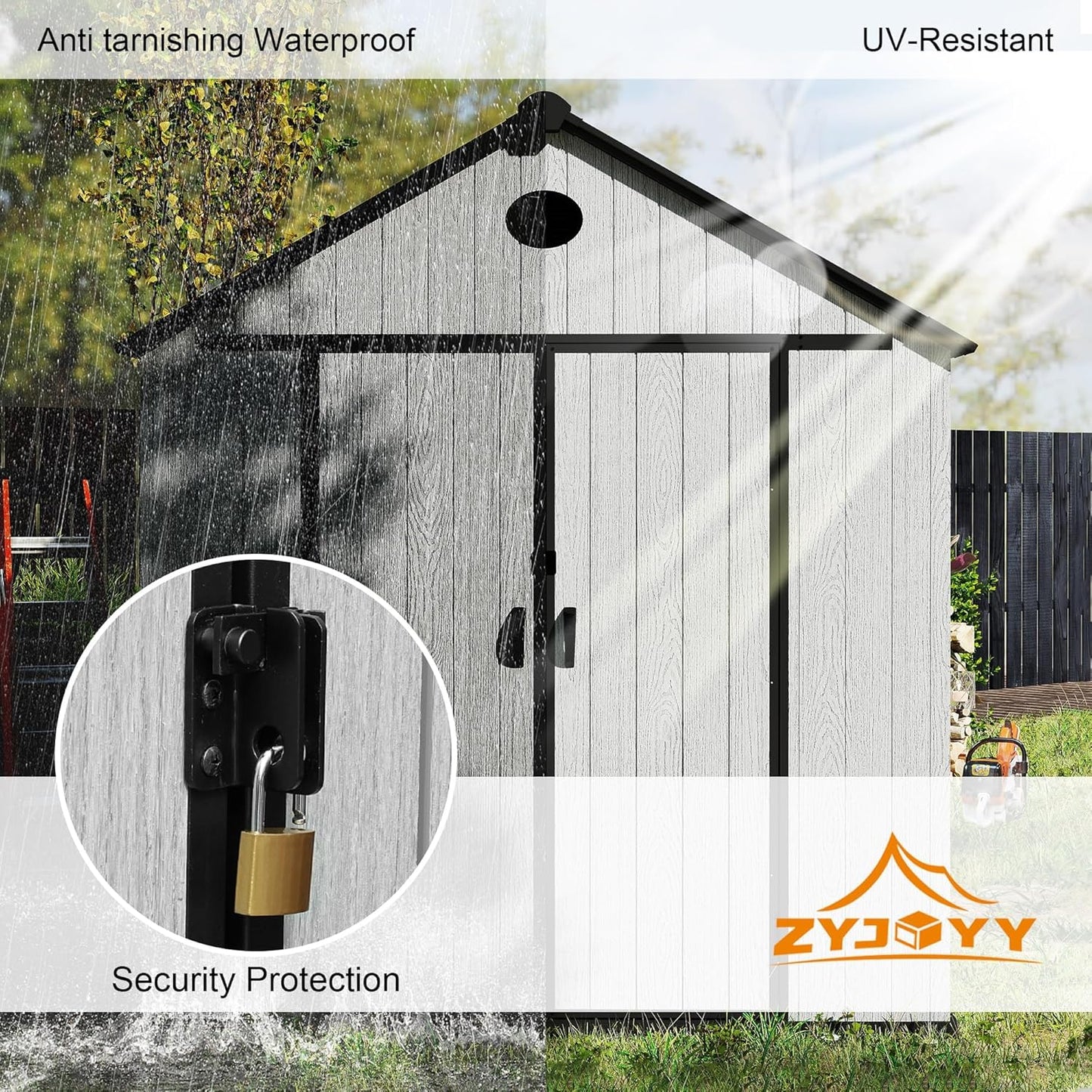 7.3 x 7.3 FT Shed Resin Outdoor Storage with Floor, 436 cuft Plastic Shed with Window and Lockable Door for Garden,with Wood Texture, Grey