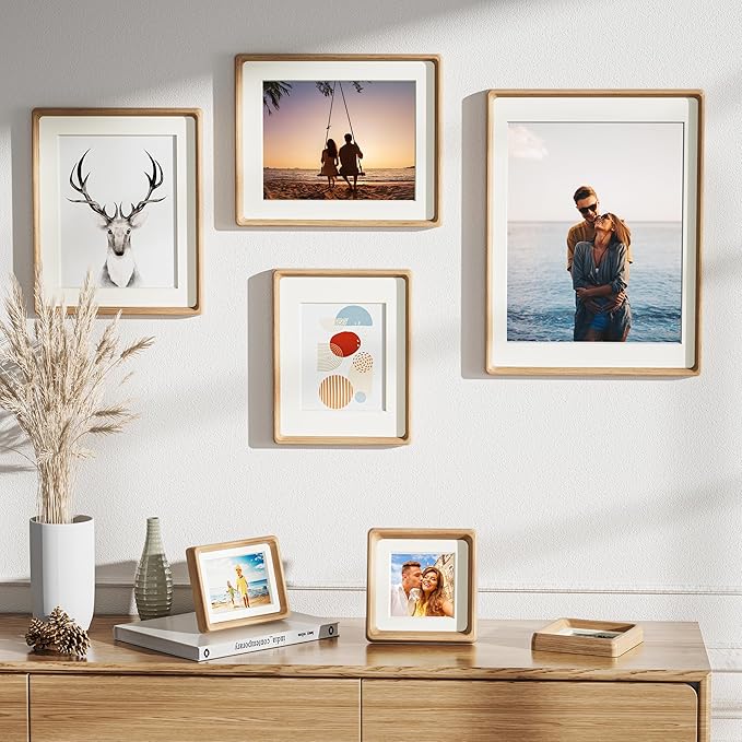 HELPLEX 9x12 Premium Picture Frame Set of 2 - Solid Oak Wood with HD Tempered Glass, Convertible 8x10 Matted or 9x12 Frameless Display, Wall or Tabletop Frame - Home Gallery, Memories Made Easy