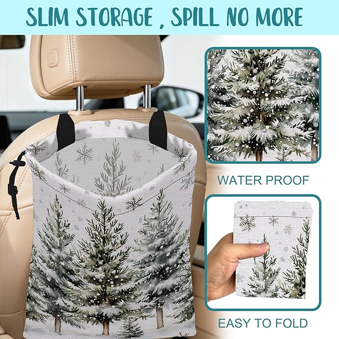 Car Garbage Bag Watercolor Snowy Green Pine Trees Hanging Canvas Car Trash Bag Waterproof Drawstring Car Back Seat Organizer for Car Back Front Seat Console with Adjustable Buckle