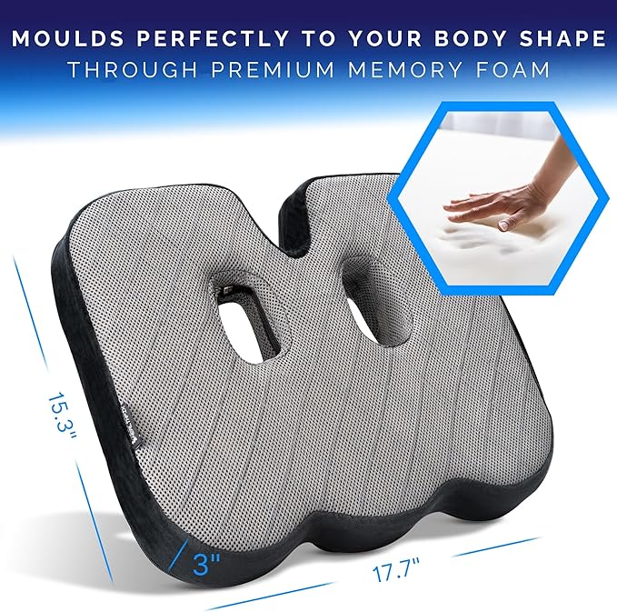 Healthfix® Memory Foam Seat Cushion for Office Chair & Car – Orthopedic Coccyx Pillow for Tailbone & Sciatica Pain Relief – Premium Comfort Chair Pad with Washable Cover and Non-Slip Bottom (Soft)