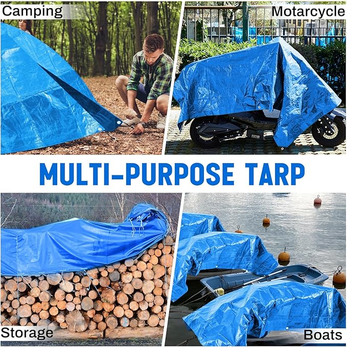 2 Pack 10 x 12 ft 5.5 Mil Large Tarps Heavy Duty Waterproof Tarp Multi Purpose Tent Cover for Home Boats Cars Camping Patio Furniture Roof Emergency Rain Protective Cover, Blue