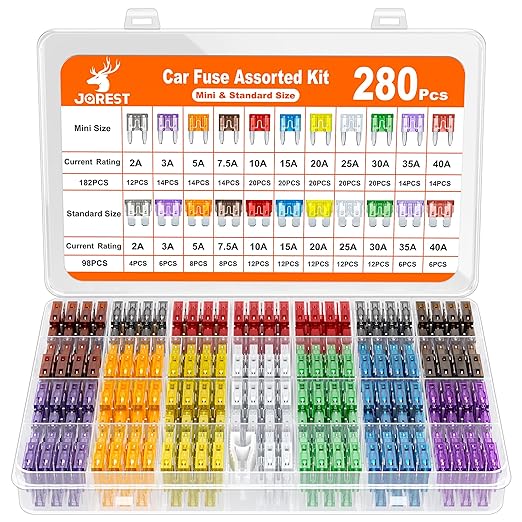 JOREST 280 Pcs Fuse Kit,182 Mini Car Fuses Assortment + 98 Standard Auto Blade Fuse, Replacement for Tool Automtive RV Motorcycle Truck Accessories(2A 3A 5A 7.5A 10A 15A 20A 25A 30A 35A 40AMP)