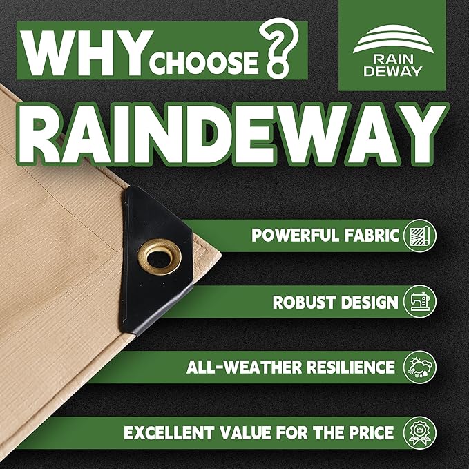 RAINDEWAY 10x12 Feet Heavy Duty Tarp,12 Mil Tan Waterproof Poly Tarp Cover,UV Resistant,Weatherproof,Durable,Multipurpose Tarps with Grommets and Reinforced Edges