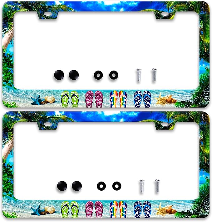 2 Pcs Sea Beach Slippers License Plate Frame Hawaiian Palm Tree License Plate Frames Personalise Stainless Steel Funny Design Compatible With Standard License Plate Holder For Usa And Canada 6 X 12 In