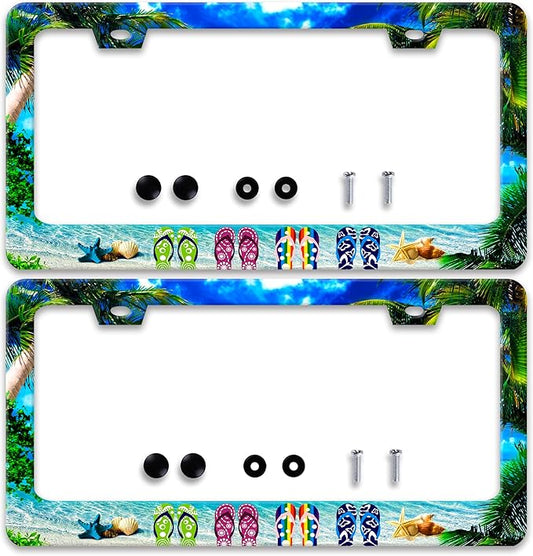 2 Pcs Sea Beach Slippers License Plate Frame Hawaiian Palm Tree License Plate Frames Personalise Stainless Steel Funny Design Compatible With Standard License Plate Holder For Usa And Canada 6 X 12 In