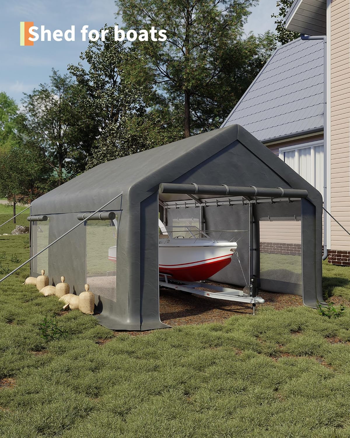13x20 Ft Carport with 8 Sandbags, Car Port with 220g PE Tarp, 2 Roll-Up Doors, and 4 Windows, for Full-Size Pickups, Bass Boats, Tractors, and SUVs, Gray