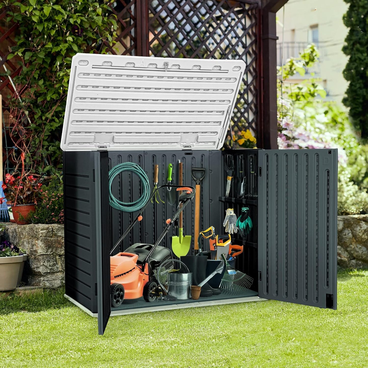 YITAHOME Outdoor Resin Storage Sheds, 39 in Height Lockable Waterproof Horizontal Shed w/o Shelf, Easy to Assemble Shed Storage for Garden Tools, Dark Gray