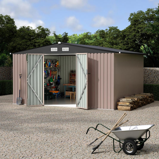 10x12x6.4 FT Outdoor Storage Sheds with Floor, Metal Garden Tool Shed for Backyard, Large Metal Sheds Outdoor Storage With Lockable Doors & Air Vents for Backyard Garden Patio Lawn
